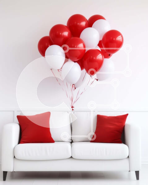 Intra Συλλεκτικό Ξύλινο Παζλ Plywood  4mm - Λευκός καναπές με κόκκινα και λευκά μπαλόνια Σε Ξύλινο Κουτί - Διαστάσεις Puzzle: 10x10 cm – 25 κομμάτια