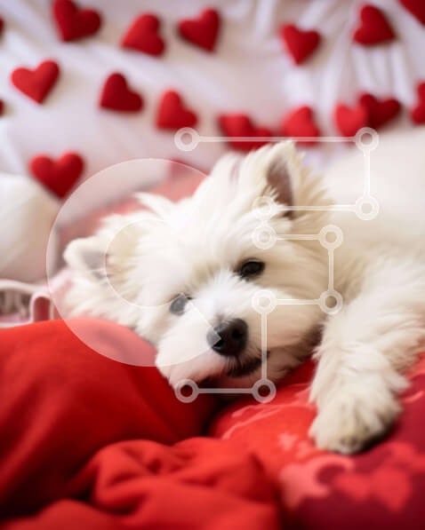 Σετ των 2 Intra Συλλεκτικό Ξύλινο Παζλ Plywood  4mm - Λευκός σκύλος που χαλαρώνει σε ένα κρεβάτι που περιβάλλεται από κόκκινες καρδιές Σε Ξύλινο Κουτί - Διαστάσεις: 10x10 cm – 25 κομμάτια