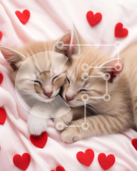 Σετ των 2 Intra Συλλεκτικό Ξύλινο Παζλ Plywood  4mm - Δύο πορτοκαλί γατάκια που κοιμούνται σε μια ροζ κουβέρτα με κόκκινες καρδιές Σε Ξύλινο Κουτί - Διαστάσεις: 10x10 cm – 25 κομμάτια