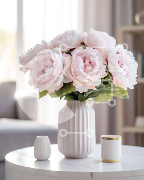 Intra Συλλεκτικό Ξύλινο Παζλ Plywood  4mm - Ροζ τριαντάφυλλα σε λευκό βάζο στο τέλος του τραπεζιού του σαλονιού Σε Ξύλινο Κουτί - Διαστάσεις Puzzle: 10x10 cm – 25 κομμάτια