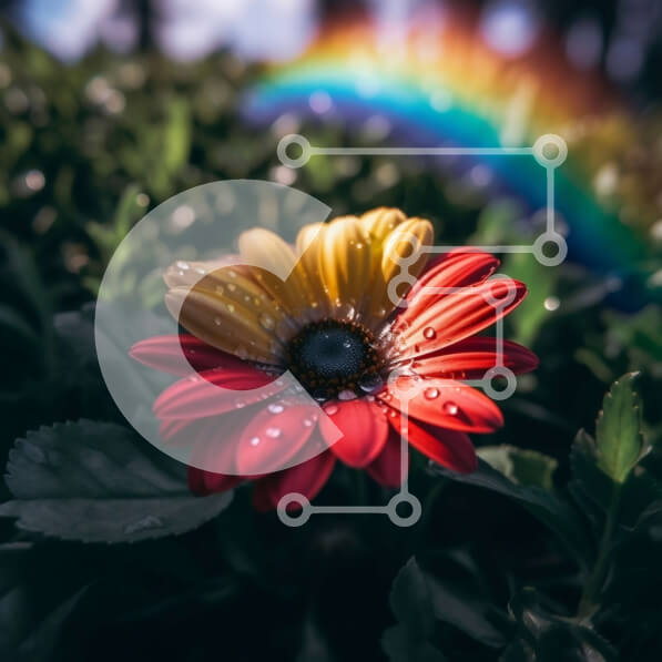 Intra Συλλεκτικό Ξύλινο Παζλ Plywood  4mm - Όμορφη εικόνα μιας πολύχρωμης μαργαρίτας με σταγονίδια νερού και φόντο ουράνιου τόξου Σε Ξύλινο Κουτί - Διαστάσεις: 10x10 cm – 25 κομμάτια