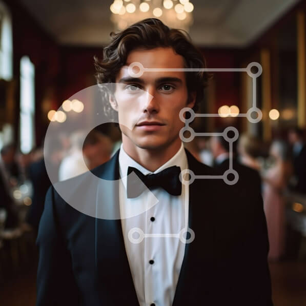 Intra Συλλεκτικό Ξύλινο Παζλ Plywood  4mm - Σοβαρός άνδρας με σμόκιν που στέκεται σε πολυτελές δωμάτιο με πολυέλαιο Σε Ξύλινο Κουτί - Διαστάσεις Puzzle: 10x10 cm – 25 κομμάτια