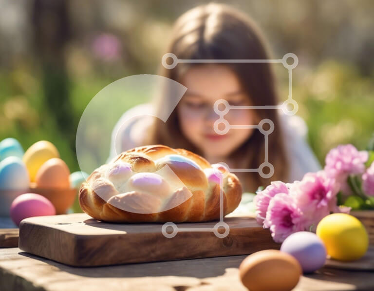 Intra Συλλεκτικό Ξύλινο Παζλ Plywood  4mm - Νεαρό κορίτσι που γιορτάζει το Πάσχα με το διακοσμημένο ψωμί και τα αυγά Σε Ξύλινο Κουτί - Διαστάσεις: 10x10 cm – 25 κομμάτια