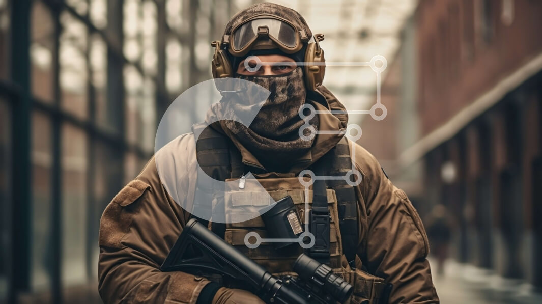 Intra Συλλεκτικό Ξύλινο Παζλ Plywood  4mm - Στρατιωτικός στρατιώτης με καμουφλάζ και μάσκα αερίου στο Alleyway Σε Ξύλινο Κουτί - Διαστάσεις Puzzle: 10x10 cm – 25 κομμάτια