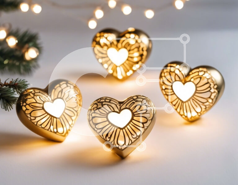 Intra Συλλεκτικό Ξύλινο Παζλ Plywood  4mm - Χρυσά στολίδια καρδιάς σε λευκή επιφάνεια για εορταστική διακόσμηση Σε Ξύλινο Κουτί - Διαστάσεις: 10x10 cm – 25 κομμάτια