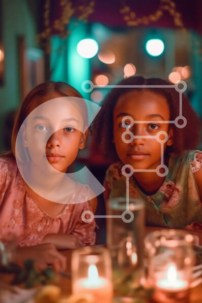 Intra Συλλεκτικό Ξύλινο Παζλ Plywood  4mm - Εικόνα δύο νεαρών κοριτσιών που κάθονται σε ένα τραπέζι με κεριά στο φόντο Σε Ξύλινο Κουτί - Διαστάσεις Puzzle: 10x10 cm – 25 κομμάτια