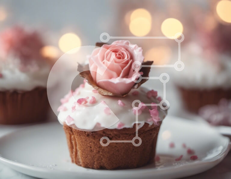 Σετ των 2 Intra Συλλεκτικό Ξύλινο Παζλ Plywood  4mm - Λαχταριστά cupcakes με ροζ τριαντάφυλλο και πασπαλίζουμε σε λευκό πιάτο Σε Ξύλινο Κουτί - Διαστάσεις: 10x10 cm – 25 κομμάτια