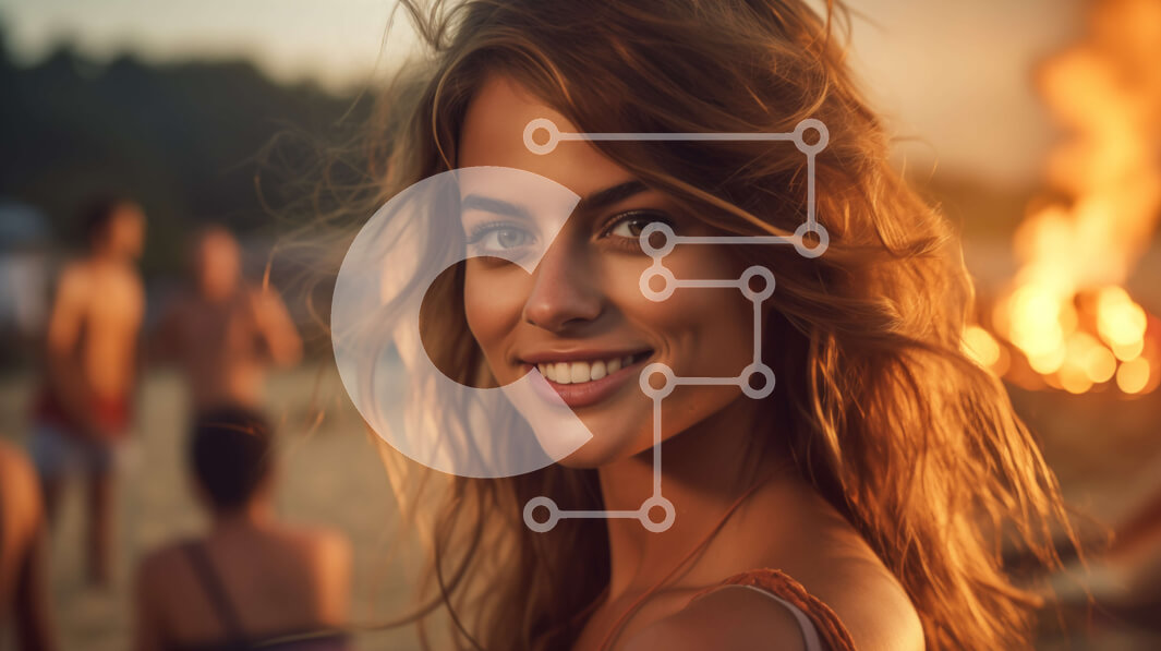 Intra Συλλεκτικό Ξύλινο Παζλ Plywood  4mm - Νεαρή γυναίκα που χαμογελά στην παραλία με τους φίλους και την οικογένεια Σε Ξύλινο Κουτί - Διαστάσεις Puzzle: 10x10 cm – 25 κομμάτια