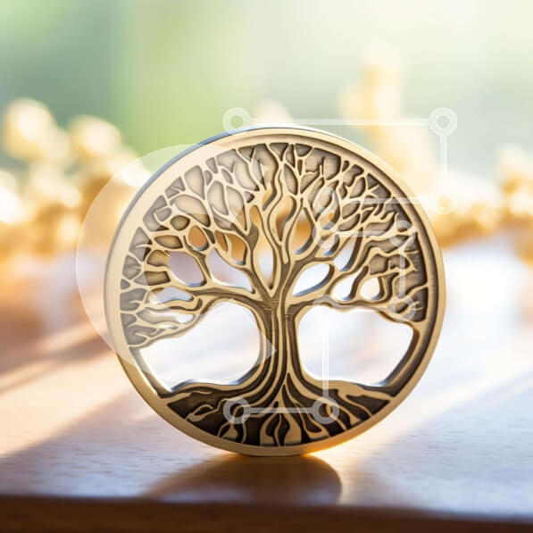 Intra Συλλεκτικό Ξύλινο Παζλ Plywood  4mm - Χρυσό νόμισμα Tree of Life σε ανοιχτό ξύλινο τραπέζι Σε Ξύλινο Κουτί - Διαστάσεις: 10x10 cm – 25 κομμάτια