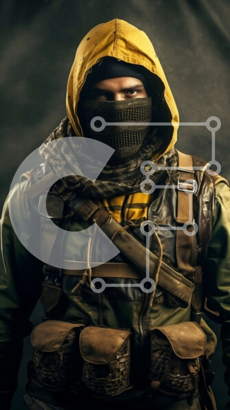 Intra Συλλεκτικό Ξύλινο Παζλ Plywood  4mm - Άνδρας που φορά κίτρινο κουκούλα και μαύρο παντελόνι με πιστόλι και σακίδιο Σε Ξύλινο Κουτί - Διαστάσεις Puzzle: 10x10 cm – 25 κομμάτια