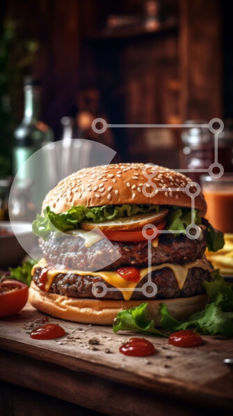 Intra Συλλεκτικό Ξύλινο Παζλ Plywood  4mm - Ζουμερό Cheeseburger σε ξύλινο τραπέζι με θέα στην οδό της πόλης τη νύχτα Σε Ξύλινο Κουτί - Διαστάσεις: 10x10 cm – 25 κομμάτια