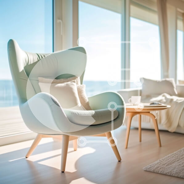 Intra Συλλεκτικό Ξύλινο Παζλ Plywood  4mm - Εκπληκτικό σαλόνι με θέα στον ωκεανό και πράσινη πολυθρόνα Σε Ξύλινο Κουτί - Διαστάσεις Puzzle: 10x10 cm – 25 κομμάτια