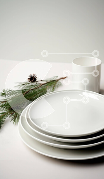 Intra Συλλεκτικό Ξύλινο Παζλ Plywood  4mm - Σετ Τέσσερα Λευκά Πιάτα με Διακόσμηση Κλαδί Πεύκου Σε Ξύλινο Κουτί - Διαστάσεις Puzzle: 10x10 cm – 25 κομμάτια