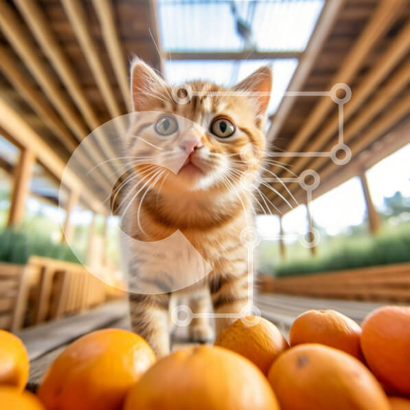 Intra Συλλεκτικό Ξύλινο Παζλ Plywood  4mm - Το χαριτωμένο γατάκι ποζάρει με την πυραμίδα των πορτοκαλιών σε άνετο ξύλινο πάτωμα Σε Ξύλινο Κουτί - Διαστάσεις: 10x10 cm – 25 κομμάτια