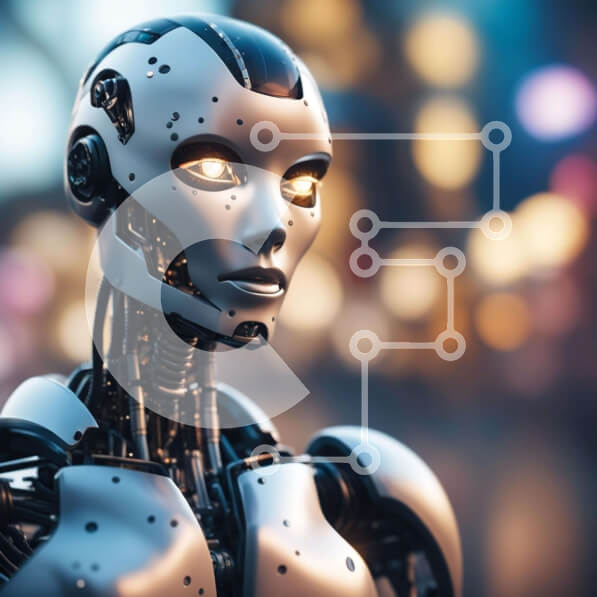 Intra Συλλεκτικό Ξύλινο Παζλ Plywood  4mm - Κοντινό πλάνο ρομπότ τεχνητής νοημοσύνης με φωτεινά κίτρινα μάτια Σε Ξύλινο Κουτί - Διαστάσεις Puzzle: 10x10 cm – 25 κομμάτια