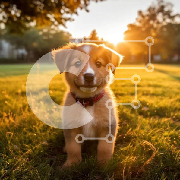 Intra Συλλεκτικό Ξύλινο Παζλ Plywood  4mm - Αξιολάτρευτο κουτάβι με κόκκινο κολάρο που κάθεται στο γρασίδι στο ηλιοβασίλεμα Σε Ξύλινο Κουτί - Διαστάσεις: 10x10 cm – 25 κομμάτια