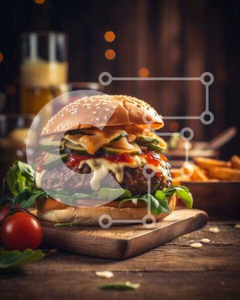 Σετ των 2 Intra Συλλεκτικό Ξύλινο Παζλ Plywood  4mm - Λαχταριστή εικόνα ενός cheeseburger με τηγανητές πατάτες Σε Ξύλινο Κουτί - Διαστάσεις: 10x10 cm – 25 κομμάτια