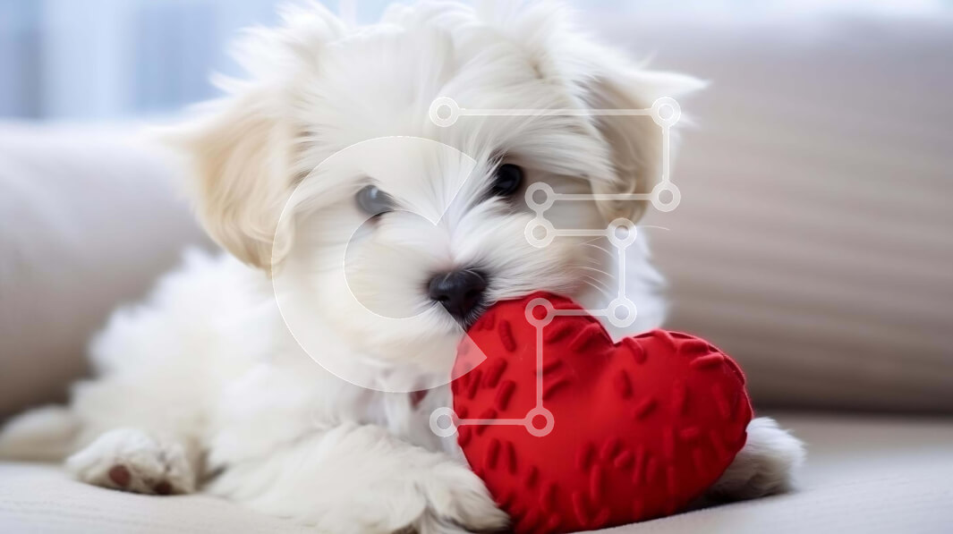 Intra Συλλεκτικό Ξύλινο Παζλ Plywood  4mm - Αξιολάτρευτο λευκό κουτάβι με κόκκινο παιχνίδι καρδιάς Σε Ξύλινο Κουτί - Διαστάσεις: 10x10 cm – 25 κομμάτια