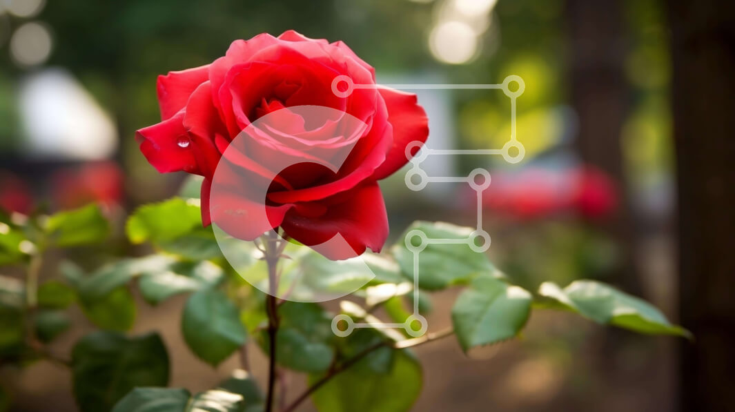 Intra Συλλεκτικό Ξύλινο Παζλ Plywood  4mm - Μονό κόκκινο τριαντάφυλλο σε άνθιση ανάμεσα σε πράσινο φύλλωμα Σε Ξύλινο Κουτί - Διαστάσεις: 10x10 cm – 25 κομμάτια