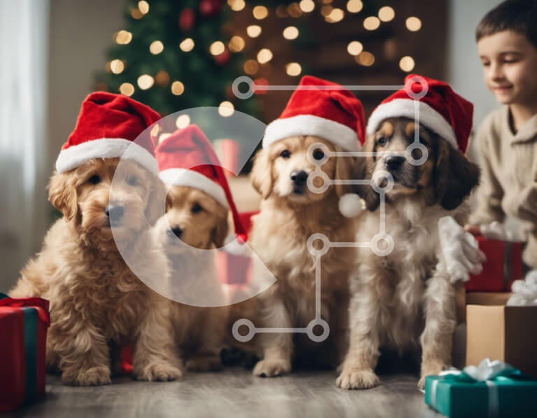 Σετ των 2 Intra Συλλεκτικό Ξύλινο Παζλ Plywood  4mm - Ομάδα σκυλιών που φορούν καπέλα Άγιου Βασίλη με δώρα Σε Ξύλινο Κουτί - Διαστάσεις: 10x10 cm – 25 κομμάτια