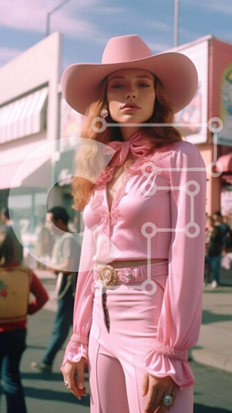 Intra Συλλεκτικό Ξύλινο Παζλ Plywood  4mm - Κομψή γυναίκα με ροζ στολή και καουμπόικο καπέλο σε μια οδό της πόλης Σε Ξύλινο Κουτί - Διαστάσεις Puzzle: 10x10 cm – 25 κομμάτια