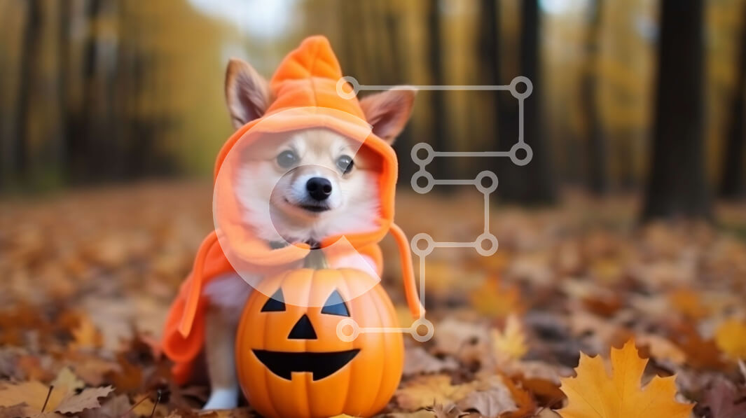 Intra Συλλεκτικό Ξύλινο Παζλ Plywood  4mm - Ευτυχισμένος σκύλος με κοστούμι κολοκύθας στο φθινοπωρινό δάσος Σε Ξύλινο Κουτί - Διαστάσεις Puzzle: 10x10 cm – 25 κομμάτια