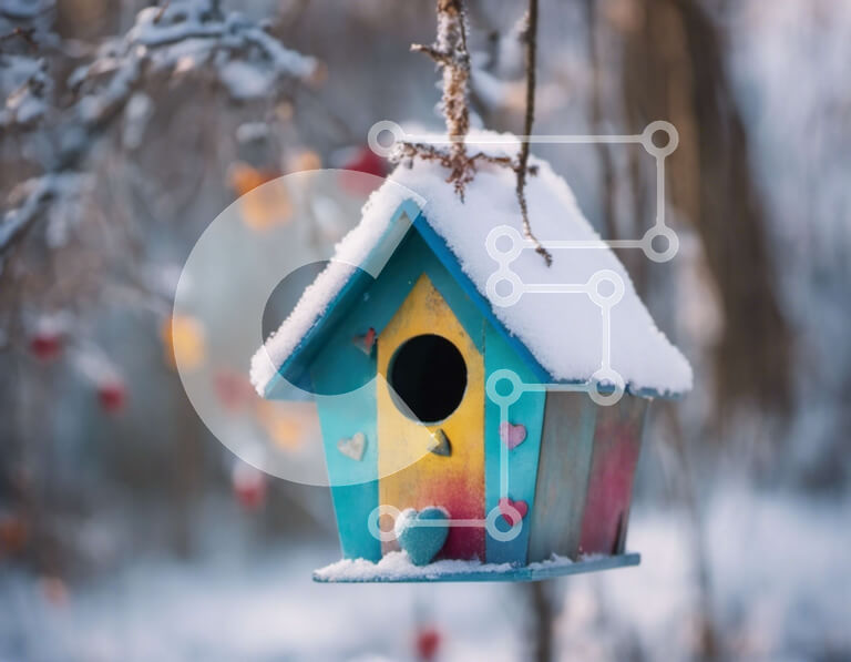 Intra Συλλεκτικό Ξύλινο Παζλ Plywood  4mm - Πολύχρωμο Birdhouse που κρέμεται στο χιονισμένο δάσος Σε Ξύλινο Κουτί - Διαστάσεις: 10x10 cm – 25 κομμάτια