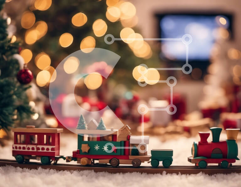 Intra Συλλεκτικό Ξύλινο Παζλ Plywood  4mm - Παιχνίδι σετ τρένου με χριστουγεννιάτικα φωτάκια και στολίδια Σε Ξύλινο Κουτί - Διαστάσεις: 10x10 cm – 25 κομμάτια