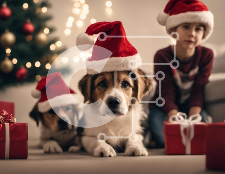 Intra Συλλεκτικό Ξύλινο Παζλ Plywood  4mm - Δύο σκυλιά με καπέλα Άγιου Βασίλη και ένα αγόρι στο πάτωμα Σε Ξύλινο Κουτί - Διαστάσεις: 10x10 cm – 25 κομμάτια