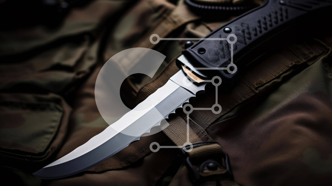 Intra Συλλεκτικό Ξύλινο Παζλ Plywood  4mm - Μαχαίρι στρατιωτικού τύπου σε καμουφλαρισμένο σακίδιο στρατού Σε Ξύλινο Κουτί - Διαστάσεις: 10x10 cm – 25 κομμάτια