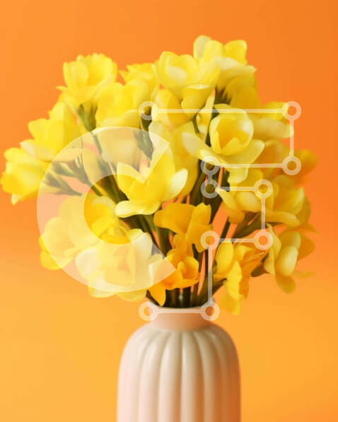 Intra Συλλεκτικό Ξύλινο Παζλ Plywood  4mm - Φρέσκα κίτρινα λουλούδια σε λευκό βάζο σε πορτοκαλί φόντο Σε Ξύλινο Κουτί - Διαστάσεις: 10x10 cm – 25 κομμάτια