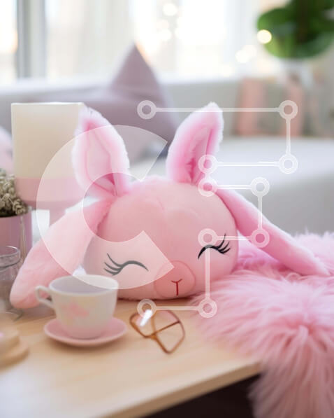 Intra Συλλεκτικό Ξύλινο Παζλ Plywood  4mm - Ροζ λαγουδάκι γεμιστό ζώο στο τραπέζι με φλιτζάνια καφέ Σε Ξύλινο Κουτί - Διαστάσεις Puzzle: 10x10 cm – 25 κομμάτια