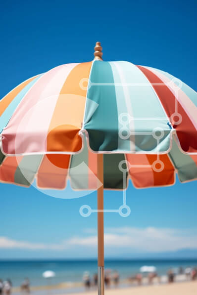 Intra Συλλεκτικό Ξύλινο Παζλ Plywood  4mm - Όμορφη εικόνα μιας πολύχρωμης ριγέ ομπρέλας παραλίας σε μια ηλιόλουστη παραλία Σε Ξύλινο Κουτί - Διαστάσεις Puzzle: 10x10 cm – 25 κομμάτια