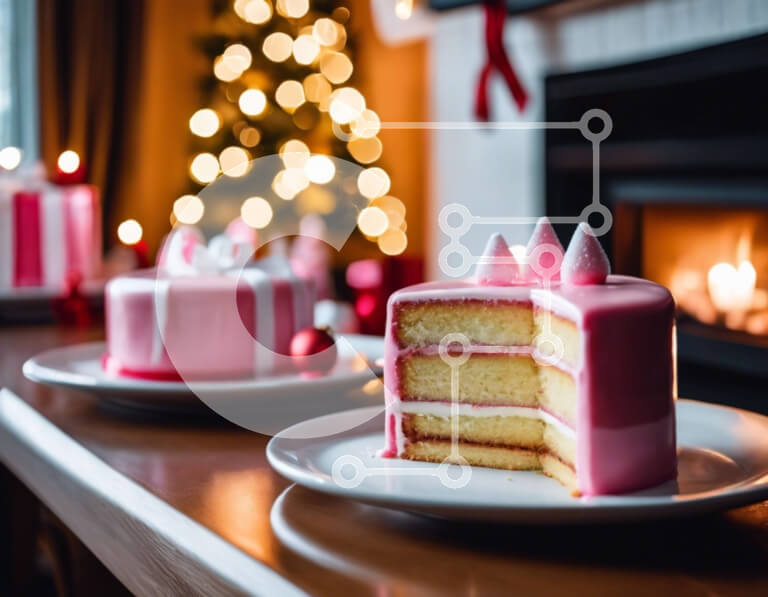 Σετ των 2 Intra Συλλεκτικό Ξύλινο Παζλ Plywood  4mm - Εορταστική φέτα ροζ κέικ με χριστουγεννιάτικα φώτα Σε Ξύλινο Κουτί - Διαστάσεις: 10x10 cm – 25 κομμάτια