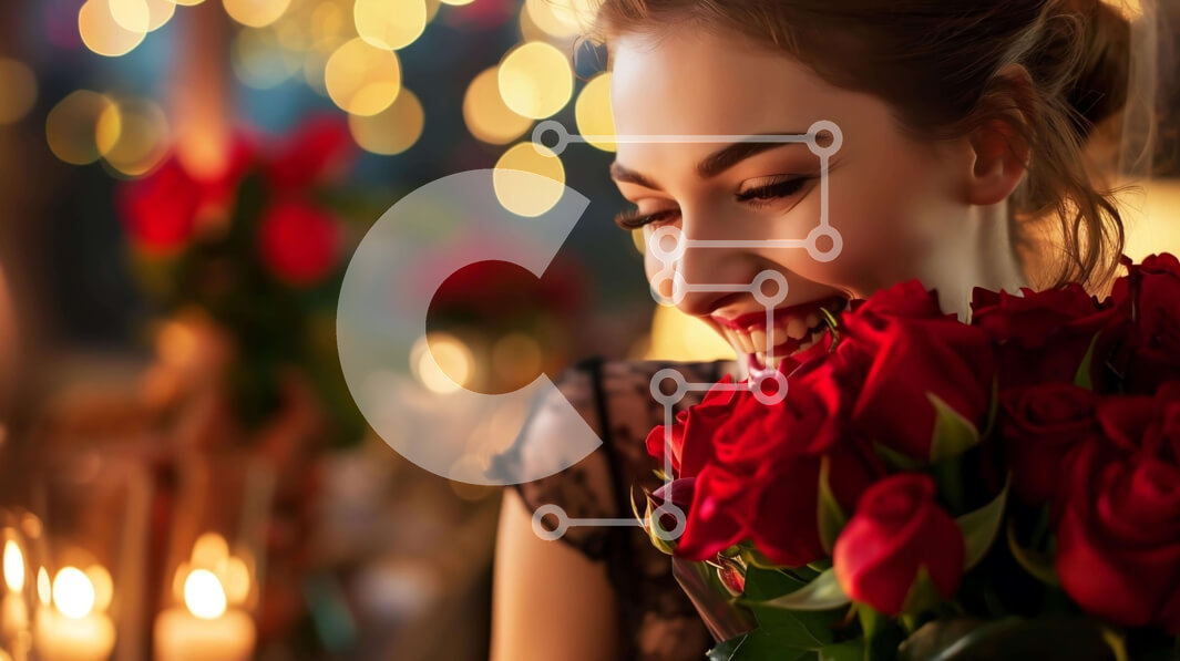 Intra Συλλεκτικό Ξύλινο Παζλ Plywood  4mm - Νεαρή γυναίκα που χαμογελά με τα κόκκινα τριαντάφυλλα και τα κεριά Σε Ξύλινο Κουτί - Διαστάσεις: 10x10 cm – 25 κομμάτια