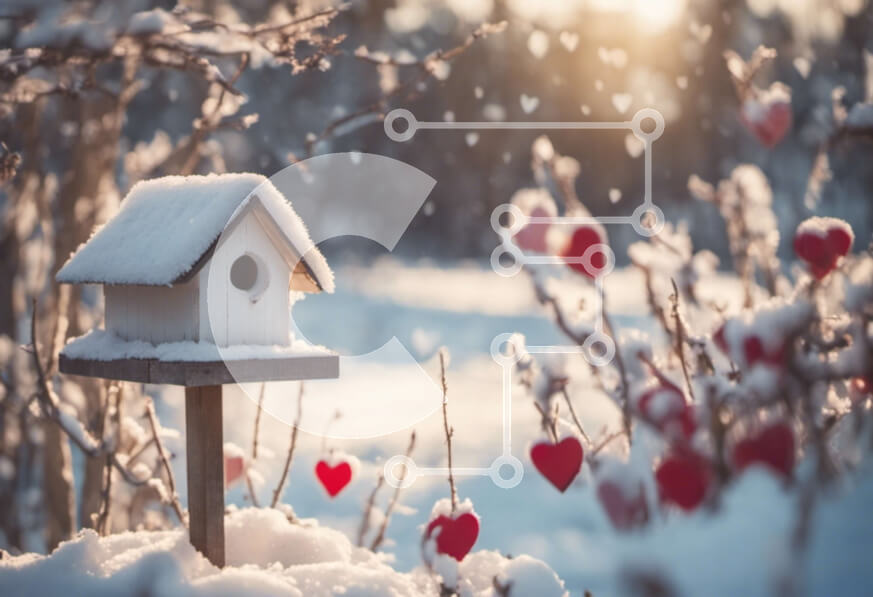 Intra Συλλεκτικό Ξύλινο Παζλ Plywood  4mm - Birdhouse στο χιόνι με κόκκινες καρδιές Σε Ξύλινο Κουτί - Διαστάσεις Puzzle: 10x10 cm – 25 κομμάτια