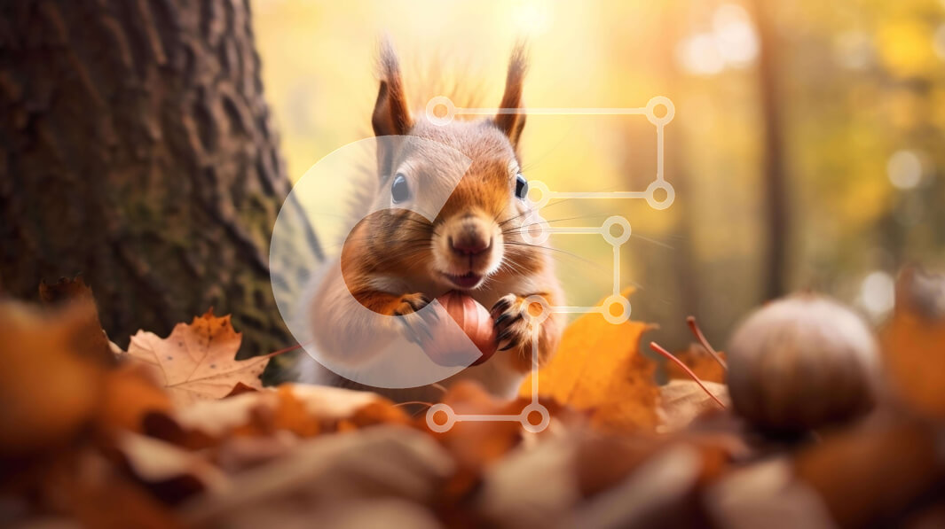 Intra Συλλεκτικό Ξύλινο Παζλ Plywood  4mm - Σκίουρος στα φθινοπωρινά φύλλα που τρώει ένα καρύδι Σε Ξύλινο Κουτί - Διαστάσεις: 10x10 cm – 25 κομμάτια