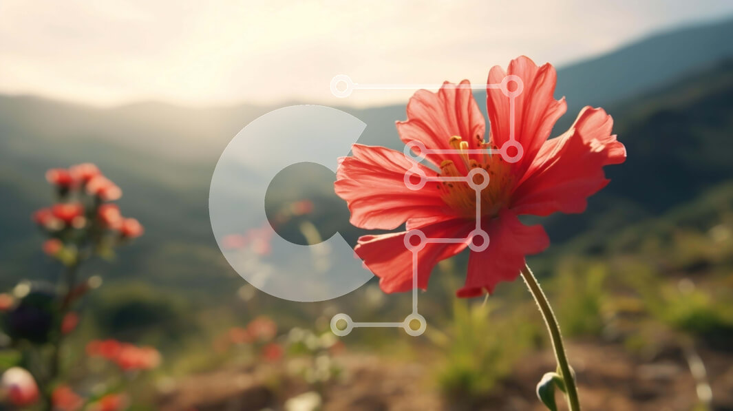 Intra Συλλεκτικό Ξύλινο Παζλ Plywood  4mm - Μονό κόκκινο λουλούδι σε ανοιχτό χωράφι με βουνά Σε Ξύλινο Κουτί - Διαστάσεις: 10x10 cm – 25 κομμάτια