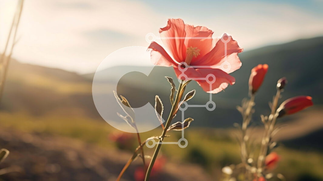 Intra Συλλεκτικό Ξύλινο Παζλ Plywood  4mm - Μονό ροζ λουλούδι σε ανοιχτό χωράφι με βουνά Σε Ξύλινο Κουτί - Διαστάσεις: 10x10 cm – 25 κομμάτια