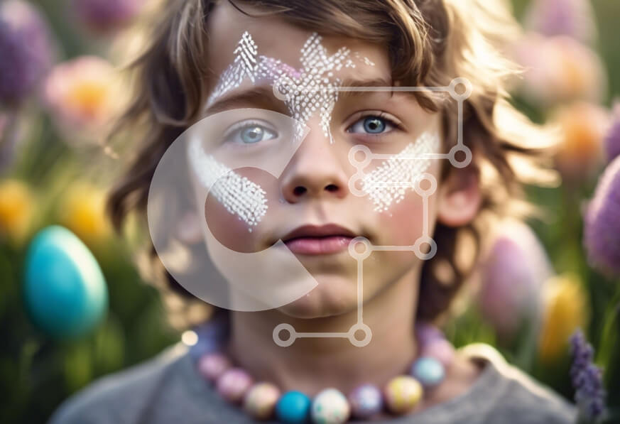 Intra Συλλεκτικό Ξύλινο Παζλ Plywood  4mm - Νεαρό αγόρι με ζωγραφισμένο πρόσωπο στο Πασχαλινό χωράφι με τουλίπες Σε Ξύλινο Κουτί - Διαστάσεις Puzzle: 10x10 cm – 25 κομμάτια