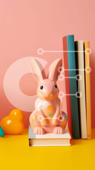 Intra Συλλεκτικό Ξύλινο Παζλ Plywood  4mm - Ροζ λαγουδάκι ειδώλιο και βιβλία στο τραπέζι με πορτοκαλί φόντο Σε Ξύλινο Κουτί - Διαστάσεις Puzzle: 10x10 cm – 25 κομμάτια