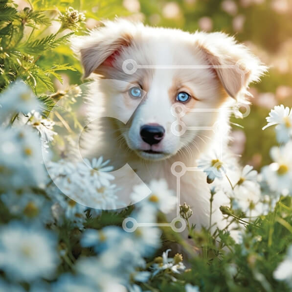 Intra Συλλεκτικό Ξύλινο Παζλ Plywood  4mm - Αξιολάτρευτη εικόνα ενός λευκού και καφέ σκύλου που περιβάλλεται από μαργαρίτες Σε Ξύλινο Κουτί - Διαστάσεις: 10x10 cm – 25 κομμάτια