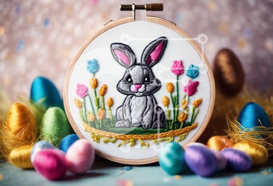 Intra Συλλεκτικό Ξύλινο Παζλ Plywood  4mm - Διακόσμηση με τσέρκι με κεντήματα με λαγουδάκι και αυγά Σε Ξύλινο Κουτί - Διαστάσεις Puzzle: 10x10 cm – 25 κομμάτια