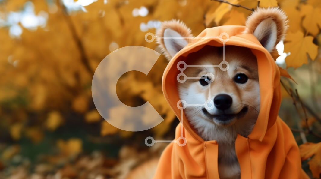 Σετ των 2 Intra Συλλεκτικό Ξύλινο Παζλ Plywood  4mm - Ευτυχισμένος σκύλος με πορτοκαλί κουκούλα που κάθεται στα φθινοπωρινά φύλλα Σε Ξύλινο Κουτί - Διαστάσεις: 10x10 cm – 25 κομμάτια