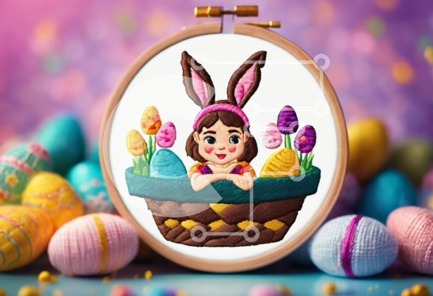 Intra Συλλεκτικό Ξύλινο Παζλ Plywood  4mm - Σχέδιο κεντήματος πασχαλινό λαγουδάκι με πασχαλινά αυγά Σε Ξύλινο Κουτί - Διαστάσεις Puzzle: 10x10 cm – 25 κομμάτια