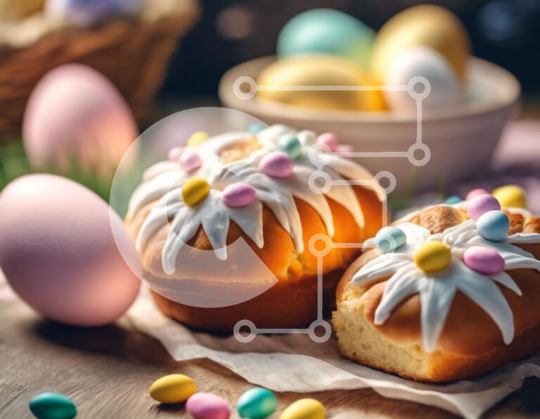 Σετ των 2 Intra Συλλεκτικό Ξύλινο Παζλ Plywood  4mm - Αρτοσκευάσματα με θέμα το Πάσχα και πολύχρωμα αυγά σε ξύλινο τραπέζι Σε Ξύλινο Κουτί - Διαστάσεις: 10x10 cm – 25 κομμάτια