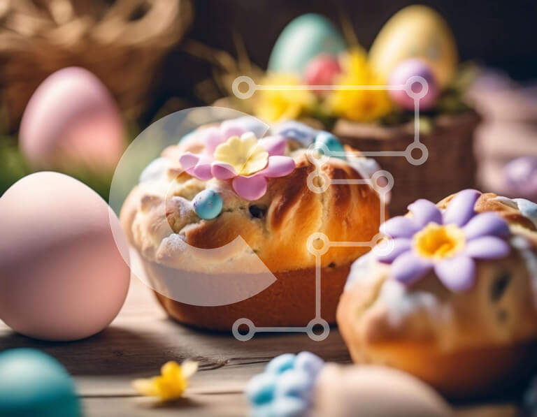 Intra Συλλεκτικό Ξύλινο Παζλ Plywood  4mm - Ψωμάκια και αυγά με θέμα το Πάσχα σε ένα ξύλινο τραπέζι με λουλούδια Σε Ξύλινο Κουτί - Διαστάσεις: 10x10 cm – 25 κομμάτια