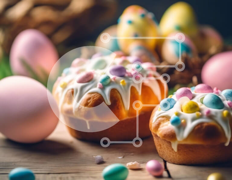 Σετ των 2 Intra Συλλεκτικό Ξύλινο Παζλ Plywood  4mm - Cupcakes με θέμα το Πάσχα με πολύχρωμα αυγά Σε Ξύλινο Κουτί - Διαστάσεις: 10x10 cm – 25 κομμάτια