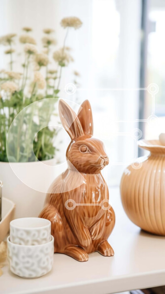 Intra Συλλεκτικό Ξύλινο Παζλ Plywood  4mm - Άγαλμα καφέ κουνελιού σε διακοσμημένο τραπέζι Σε Ξύλινο Κουτί - Διαστάσεις Puzzle: 10x10 cm – 25 κομμάτια