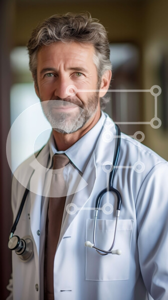 Intra Συλλεκτικό Ξύλινο Παζλ Plywood  4mm - Χαμογελαστός γιατρός σε διάδρομο νοσοκομείων με λευκό εργαστηριακό παλτό και στηθοσκόπιο Σε Ξύλινο Κουτί - Διαστάσεις Puzzle: 10x10 cm – 25 κομμάτια